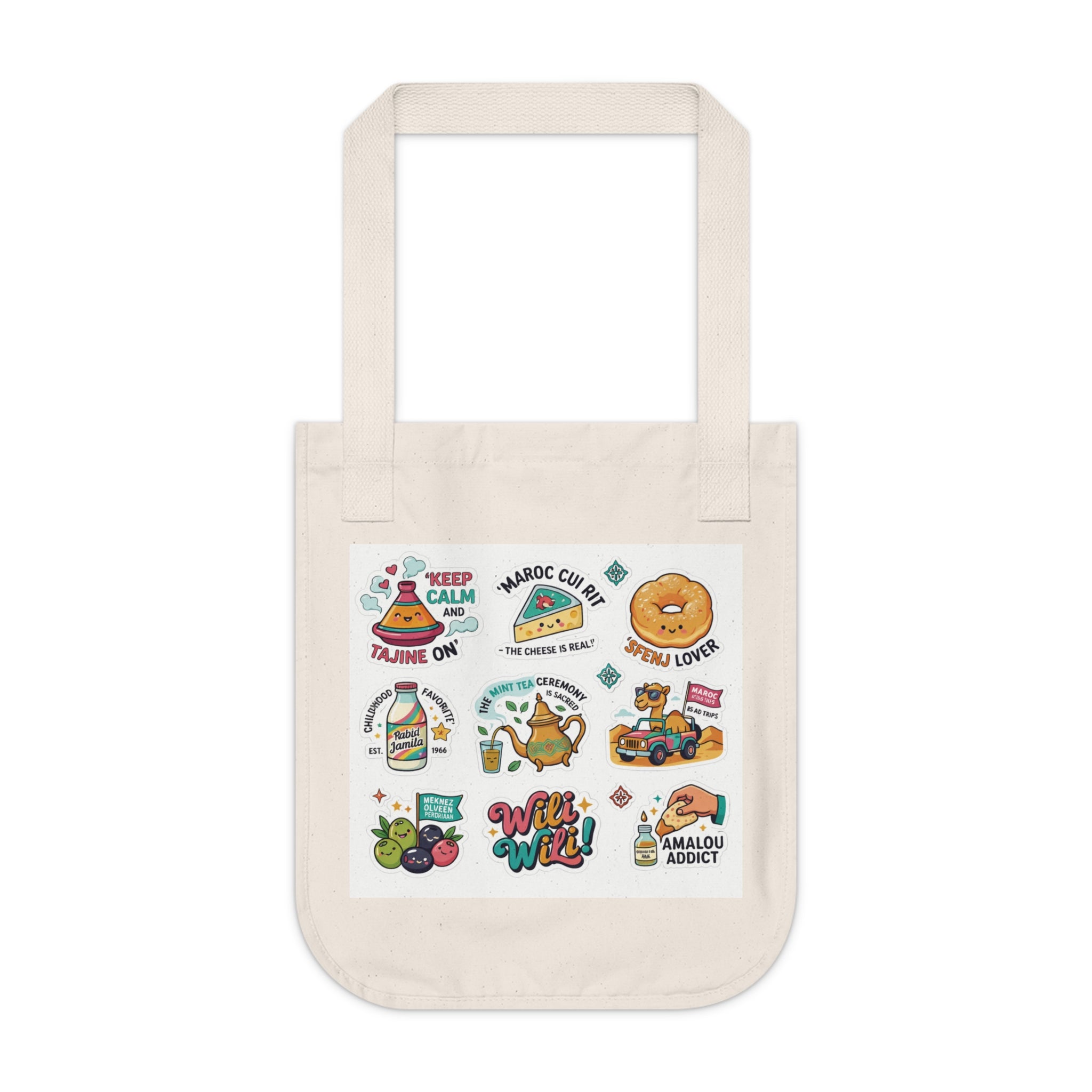 Tote Bag — Cute Food Sticker Collage Organic Canvas Tote (Keep Calm, Avocado Lover, Wild & Free) Morocco