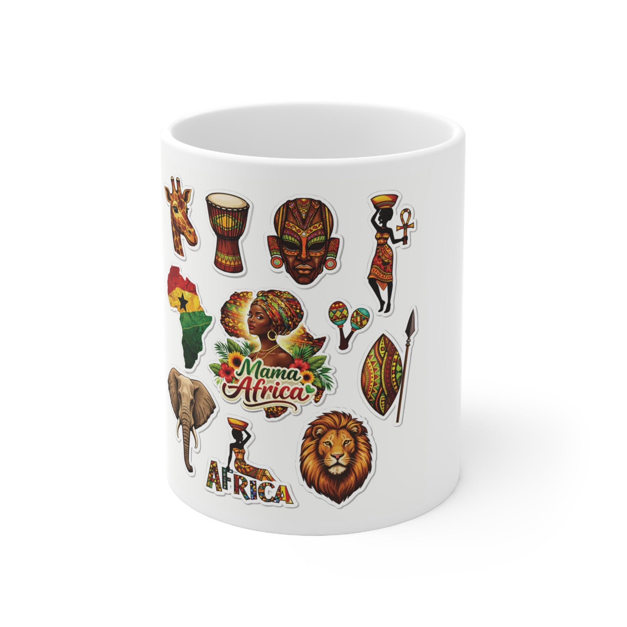 Mama Africa Ceramic Coffee Mug — African Wildlife & Tribal Mask 11oz/15oz