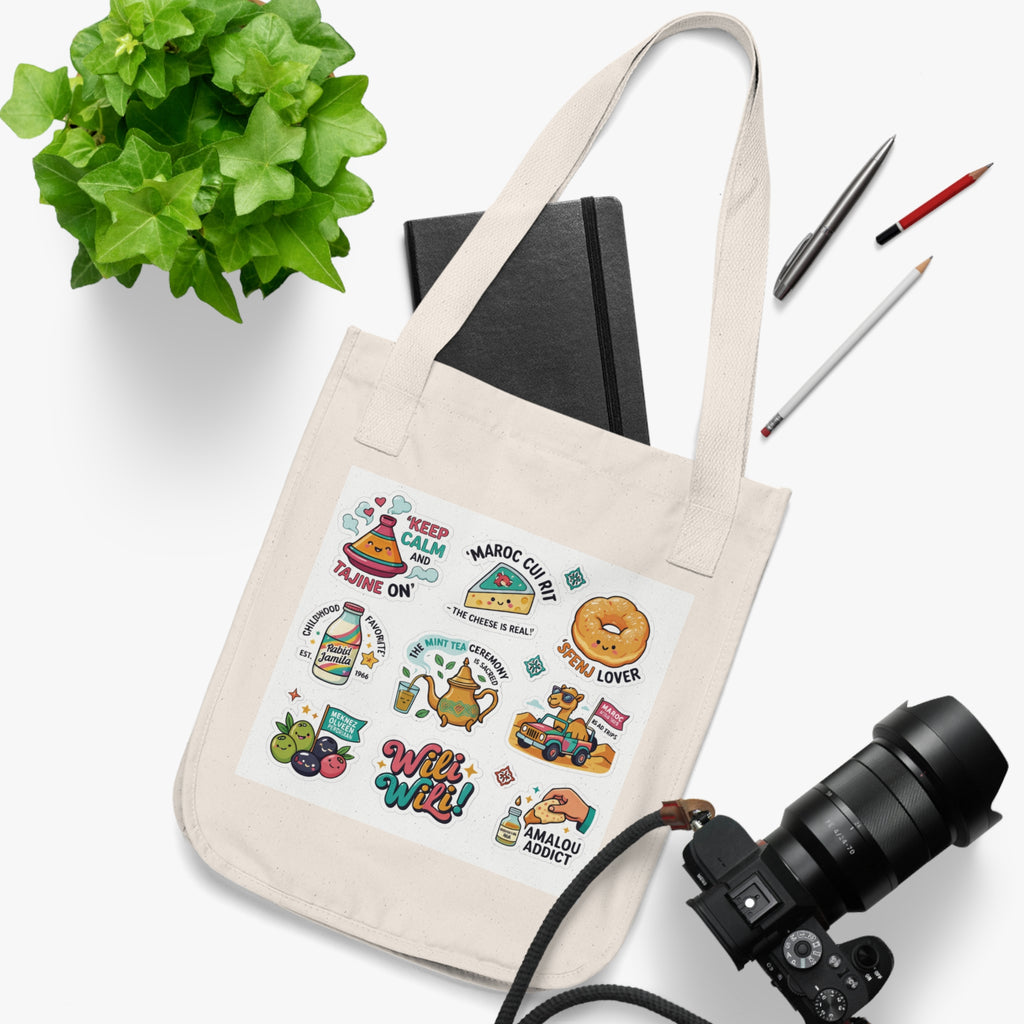 Tote Bag — Cute Food Sticker Collage Organic Canvas Tote (Keep Calm, Avocado Lover, Wild & Free) Morocco